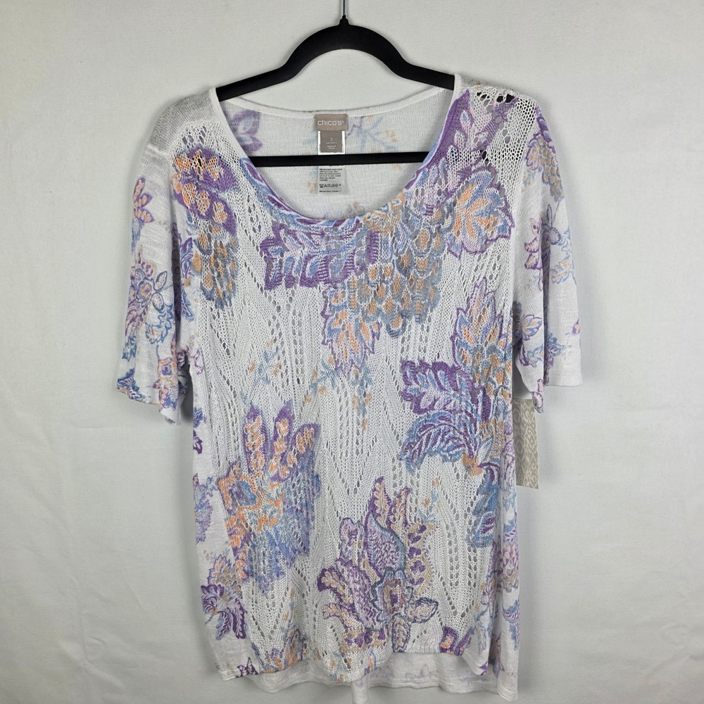 NWT Chico's Multi Printed Pointelle‎ Sweater 2 L Linen Blend Floral Knit boho